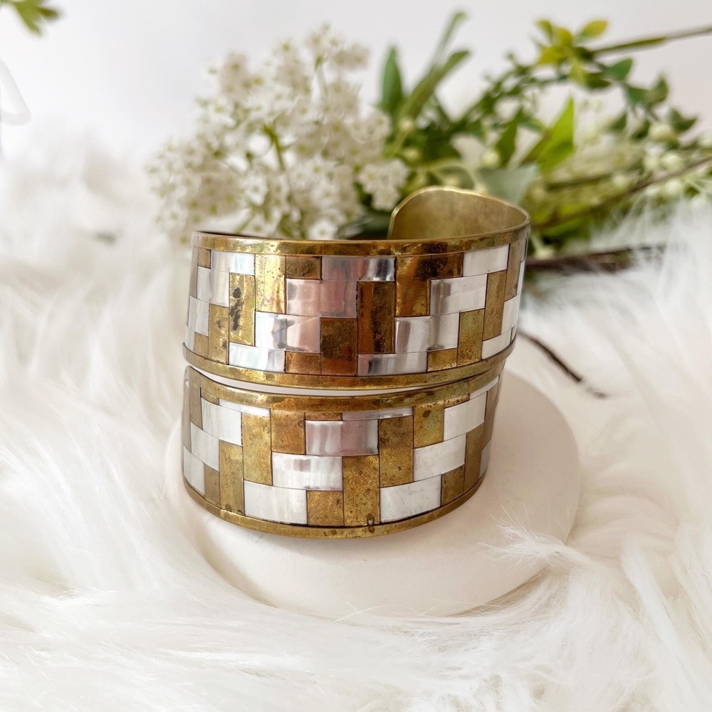 Vintage Wrap‎ Cuff Bracelet Gold Silver Mixed Metal Woven Checkerboard Wide